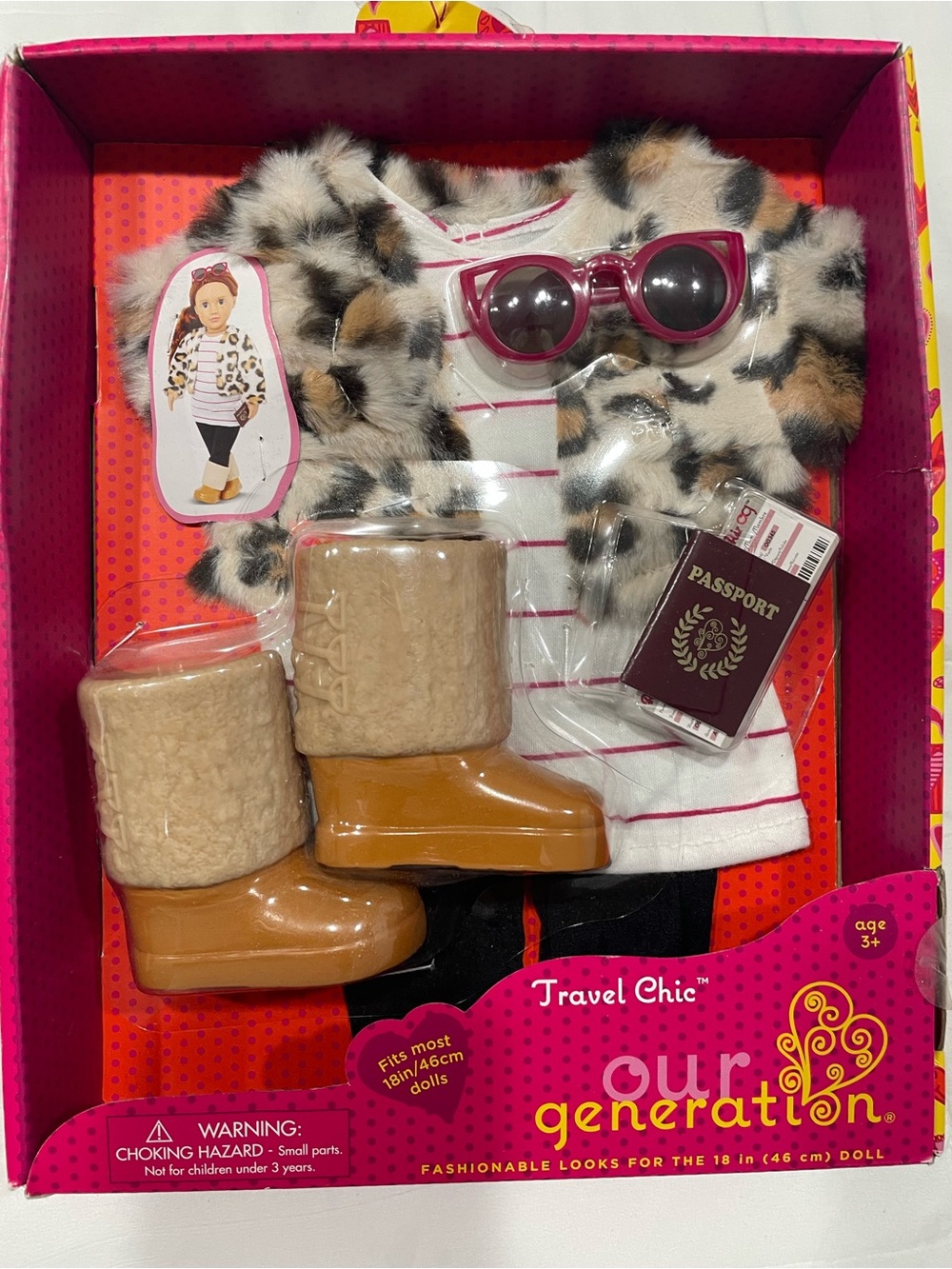 Travel Chic Doll Outfit - White & Pink Striped Dress with Faux Fur Jacket